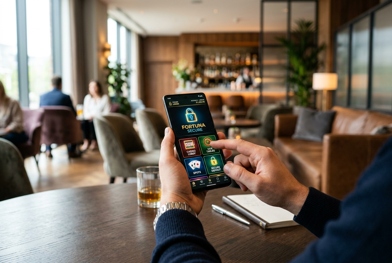 A person using a smartphone with a secure casino interface displayed.